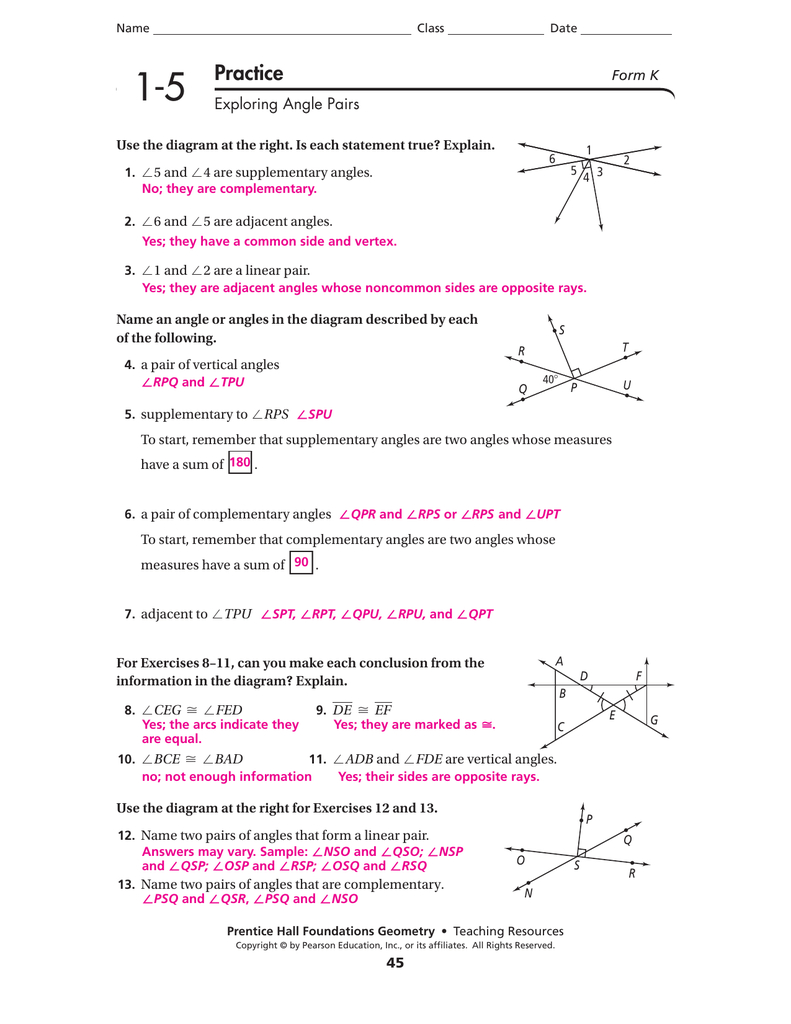 Name That Angle Pair Color Worksheet Answer Key