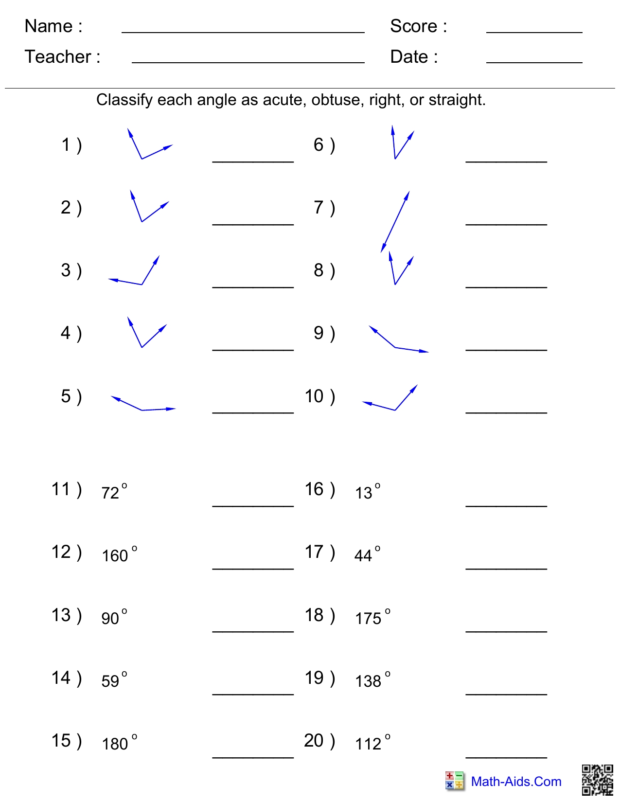 Naming Angles Worksheet