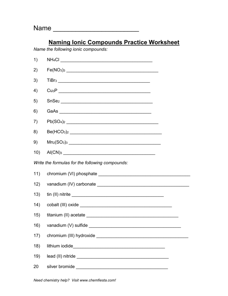 Naming Ionic Compounds Practice Worksheet Answers