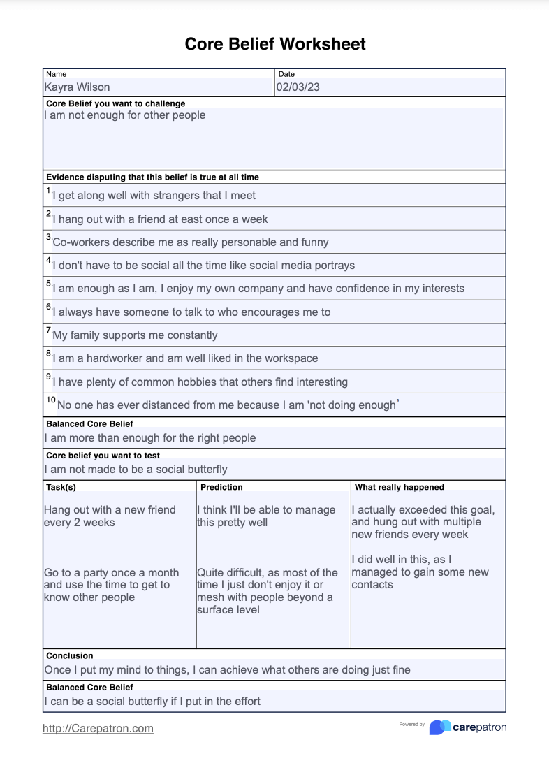 Challenging Negative Core Beliefs Worksheet