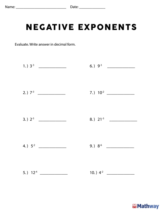 Mastering Negative Exponents with Easy Worksheet