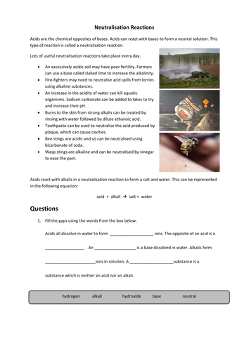 Neutralization Reactions Worksheet