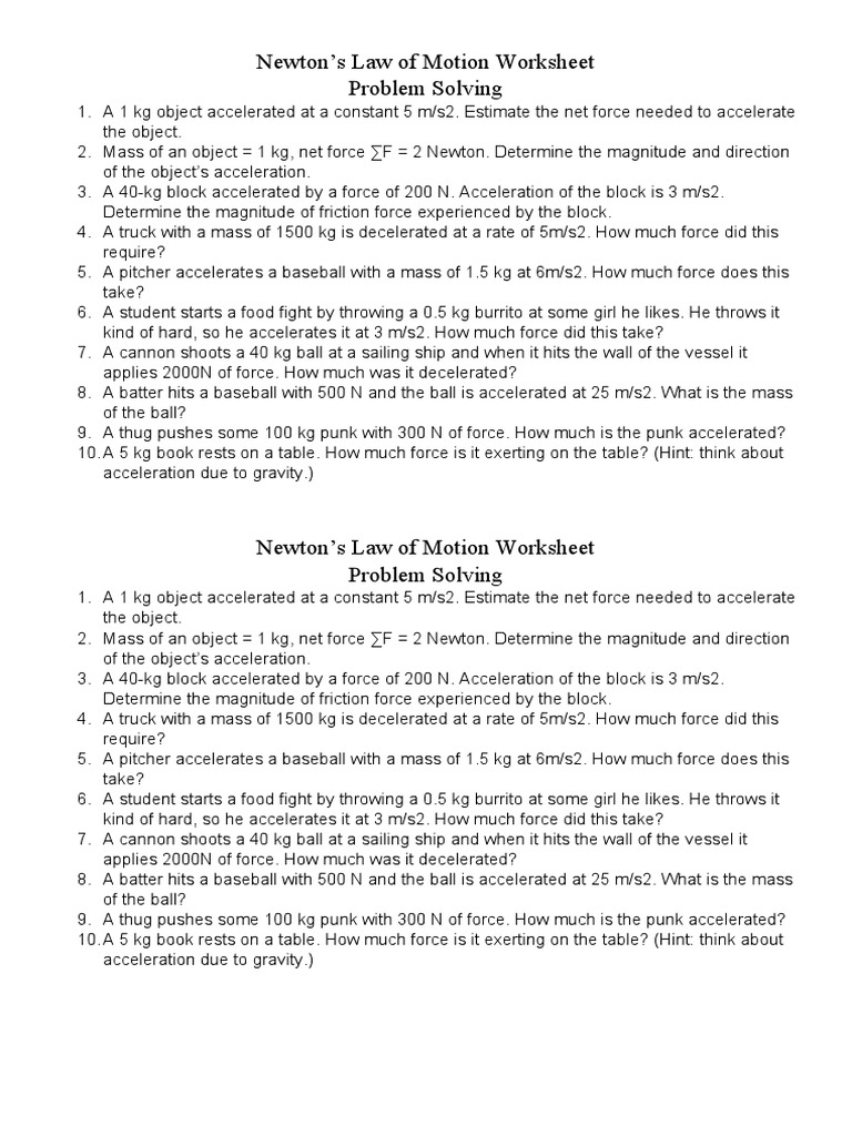 Newton S Law Worksheet Pdf