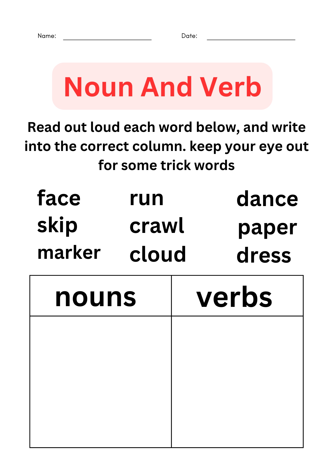 Nouns and Verbs Worksheets for Kids and Teachers