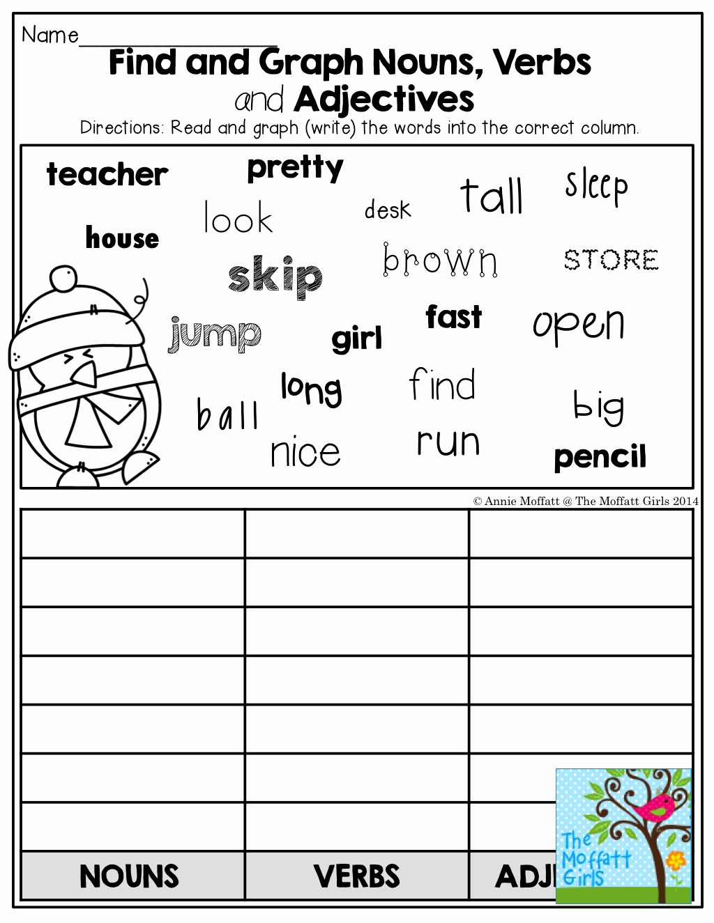 Nouns Verbs Adjectives Worksheet for Kids and Teachers