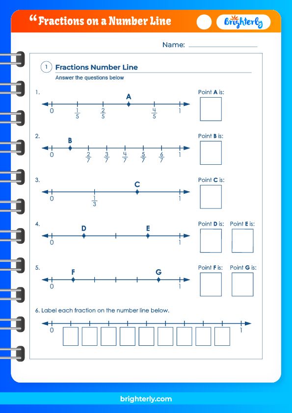 Number Line Fractions Worksheet for Kids' Math Practice