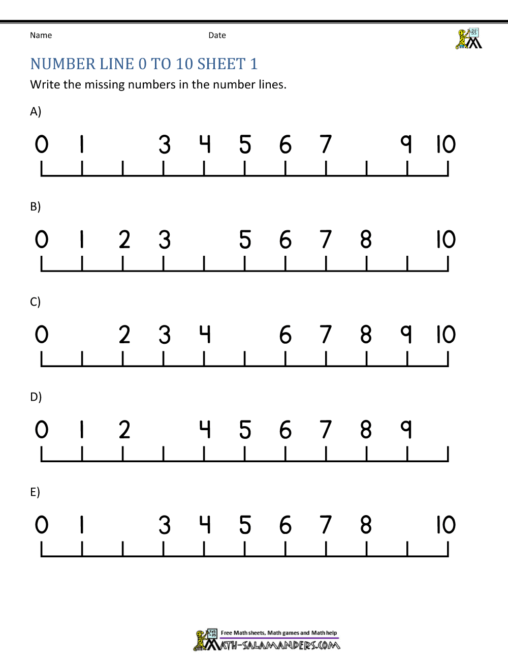 Number Line Worksheets Kindergarten Pdf