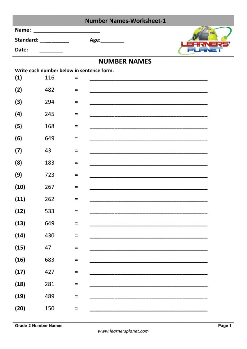 Number Names Worksheet for Kids