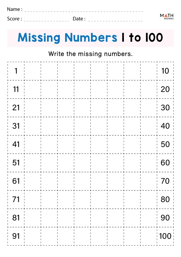 Free Printable Numbers 1 to 100 Worksheet