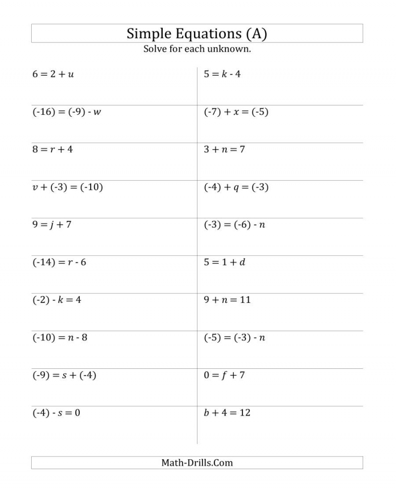 One Step Equations Addition Worksheet