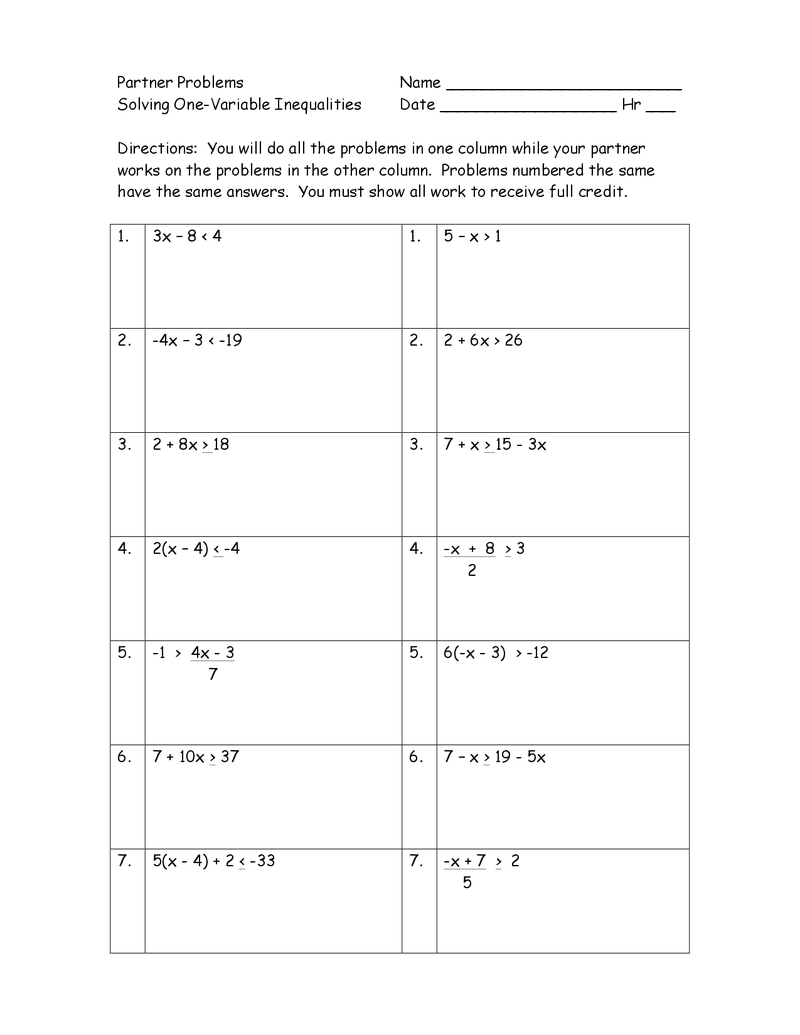 One Step Inequalities Worksheet