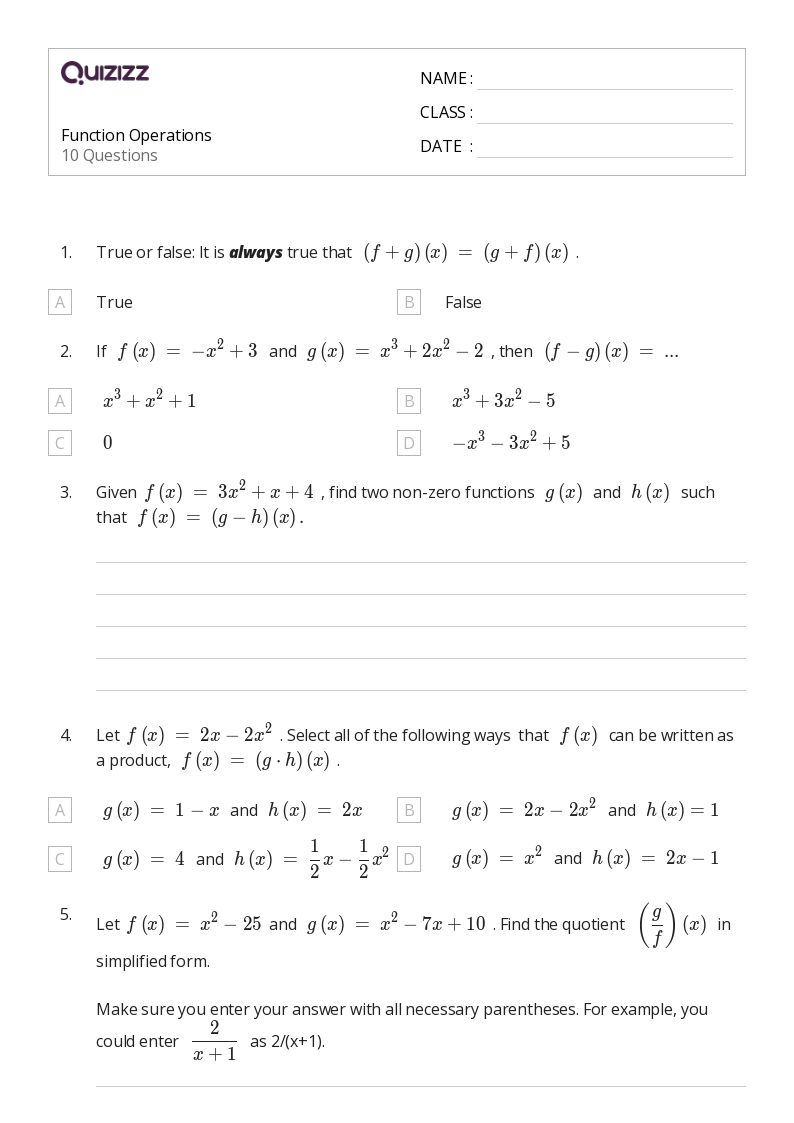 Operations With Functions Worksheet and Answers