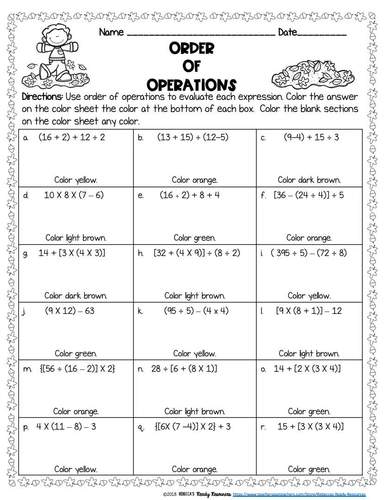 Order Of Operations Worksheets Color By Number Fall Theme Tpt