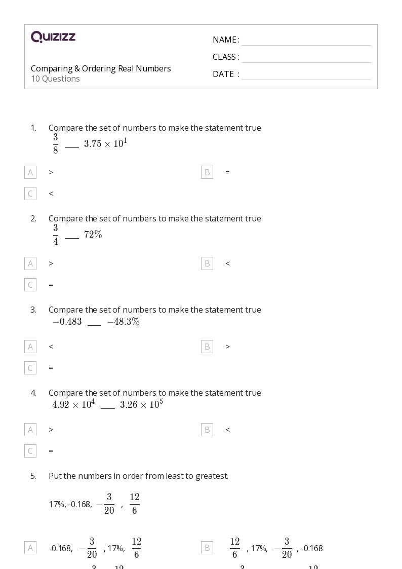 Order Real Numbers with Ease: Practice Worksheet Inside