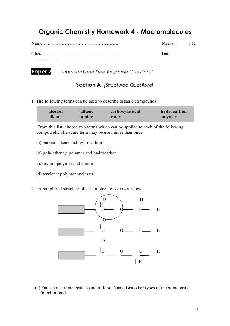 Organic Molecules Worksheet Review