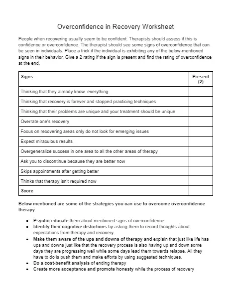 Overconfidence In Recovery Worksheet Happiertherapy