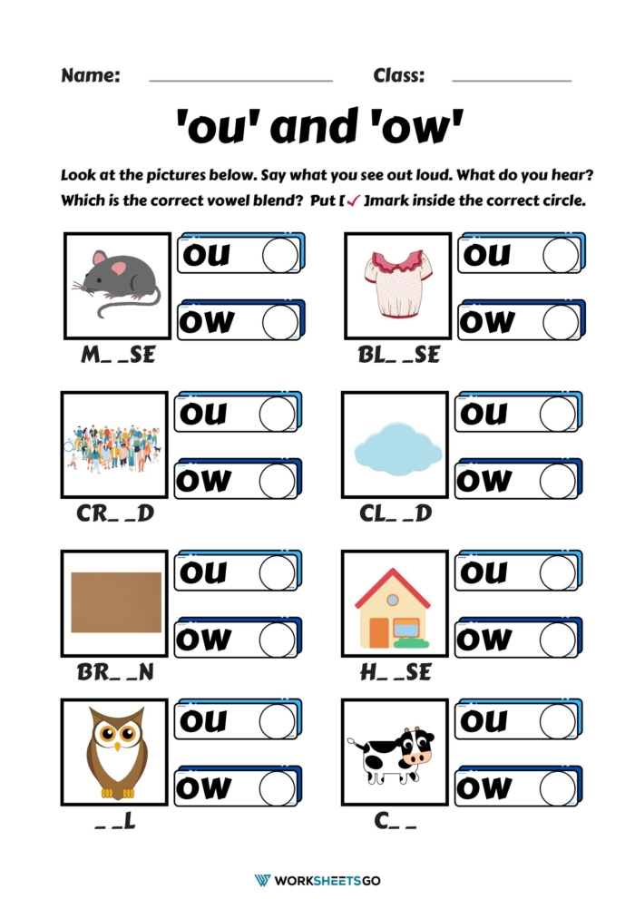 Practice Reading Ow and Ou with Free Worksheets