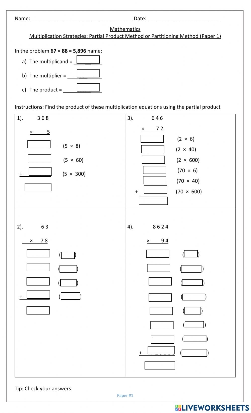 Partial Products Multiplication Strategies