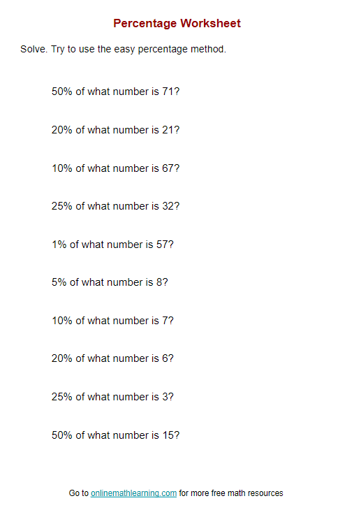 Percentage Problems Worksheet With Answers