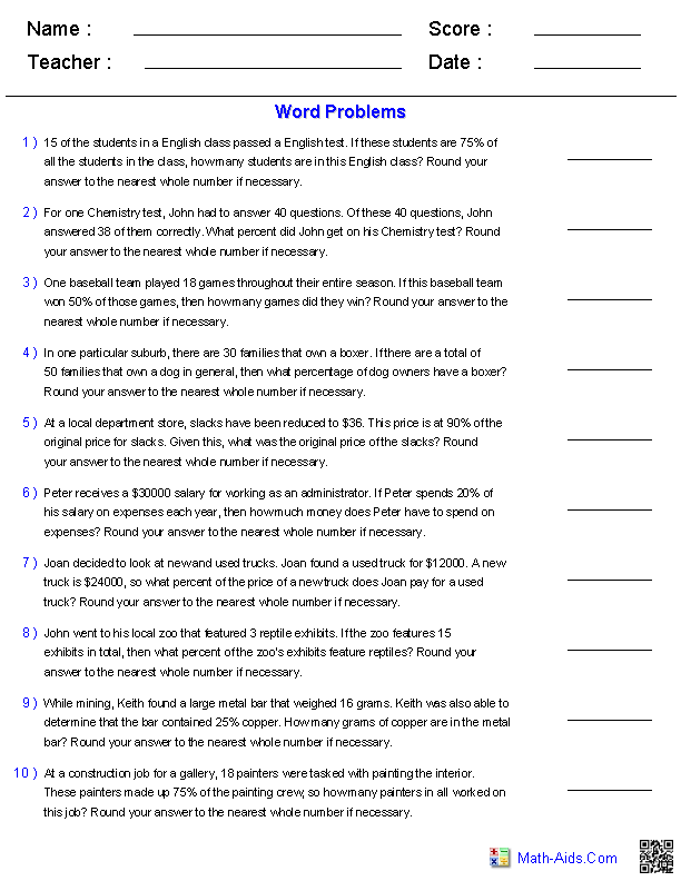 Percentage Word Problems Worksheet Pdf