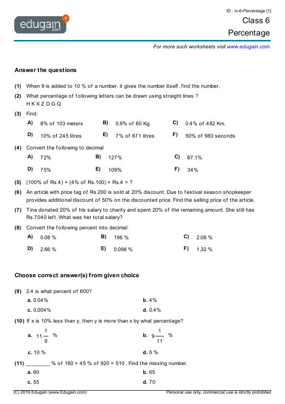 Percentage Worksheet Grade 7 Pdf