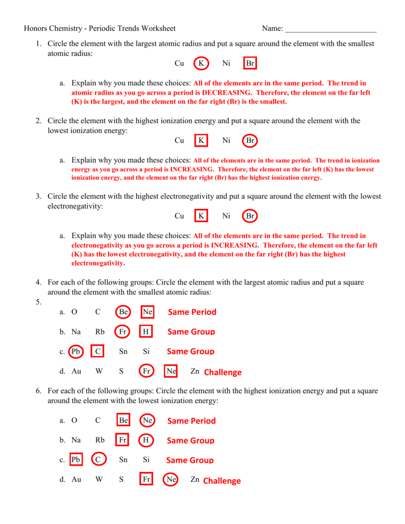 Periodic Trends Worksheet 1 Answer Key