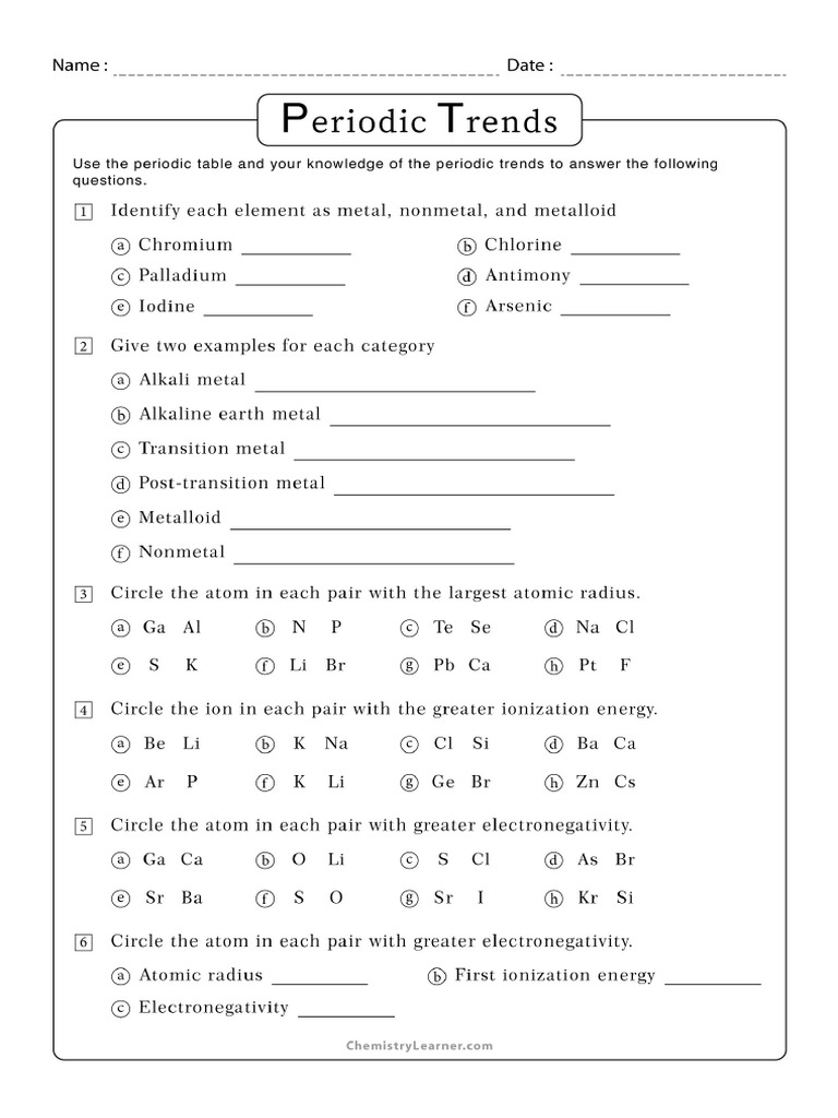 Periodic Trends Worksheet Answers Pdf