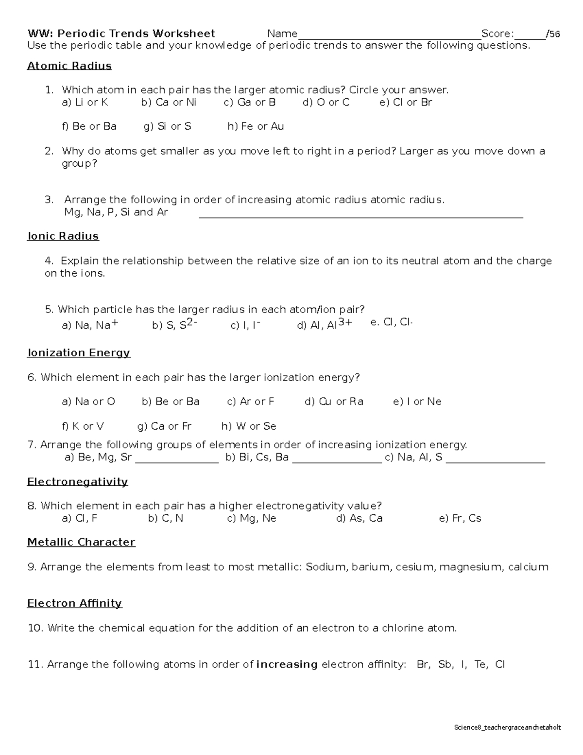 Periodic Trends Worksheet Atomic Radius Which Atom In Each Pair Has