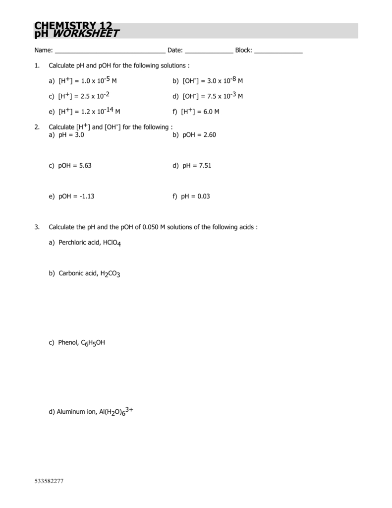 Ph And Poh Worksheet Answers Wordworksheet Com