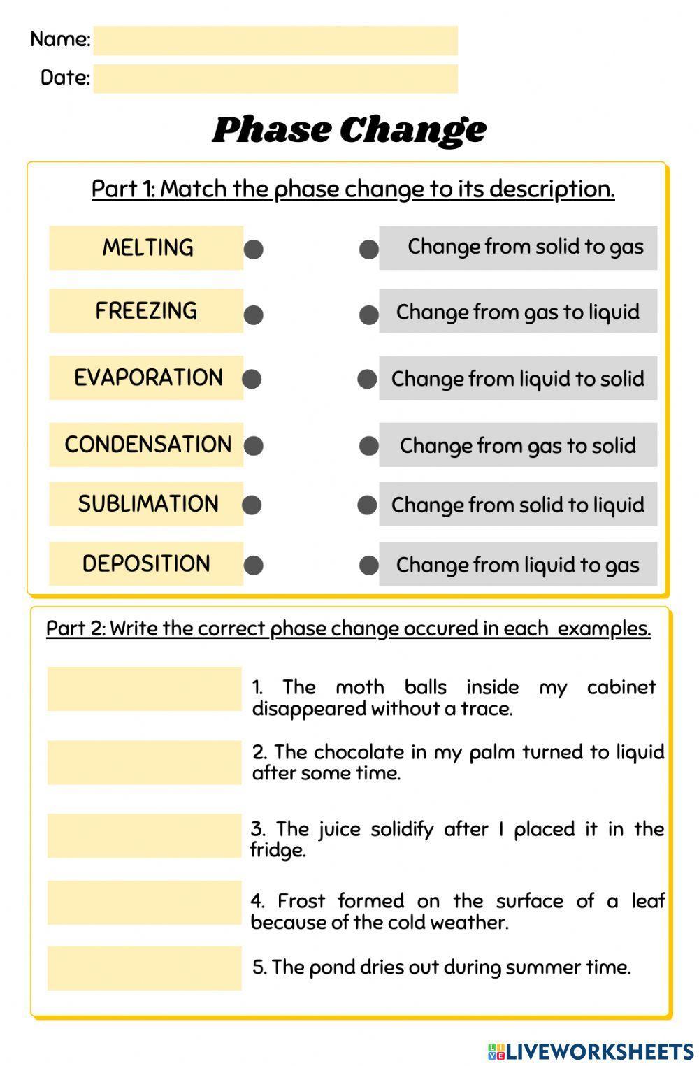 Phase Change Worksheet 5Th Grade