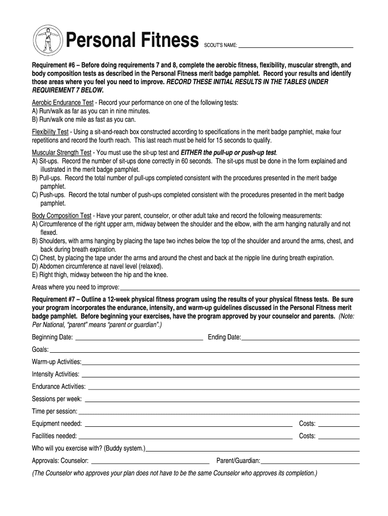 Physical Fitness Merit Badge Worksheet for Scouts