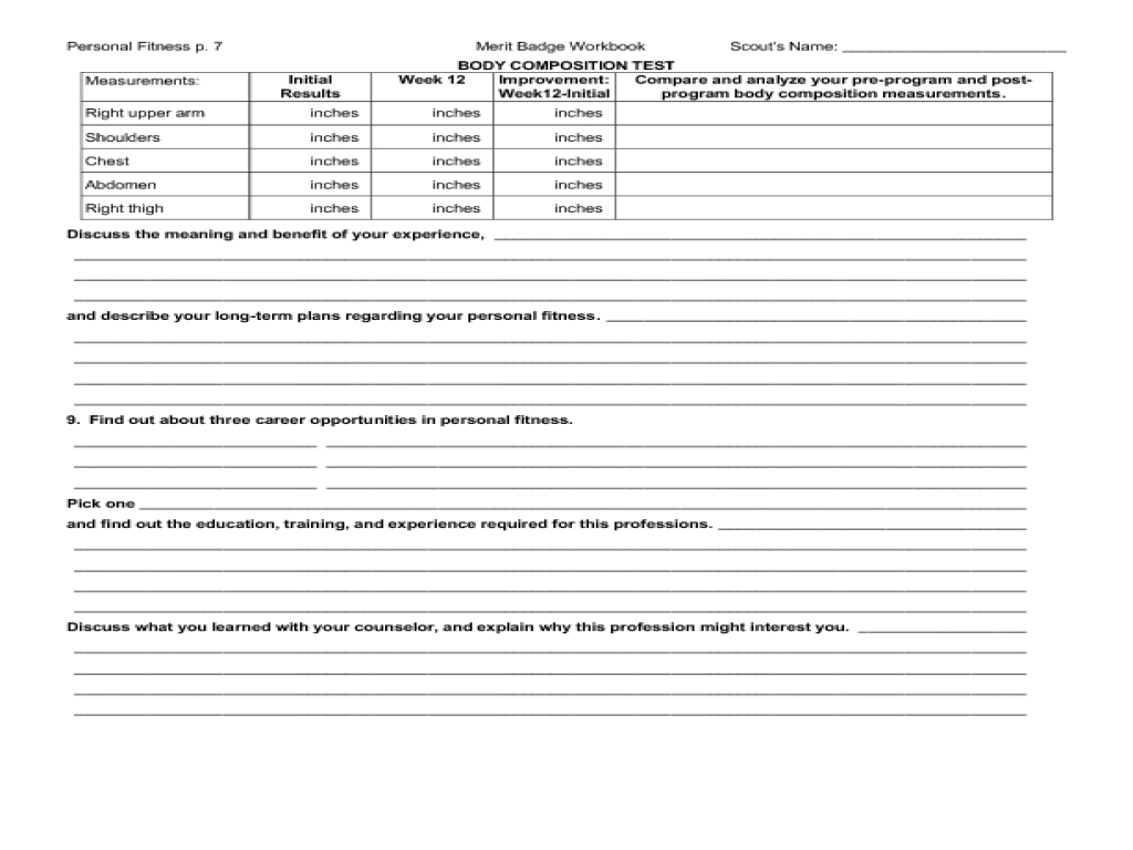 Physical Fitness Merit Badge Worksheets