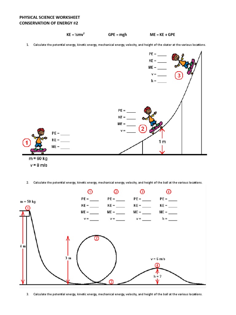 Physical Science Worksheet Conservation Of Energy 2 Ke Mv Gpe Mgh Me