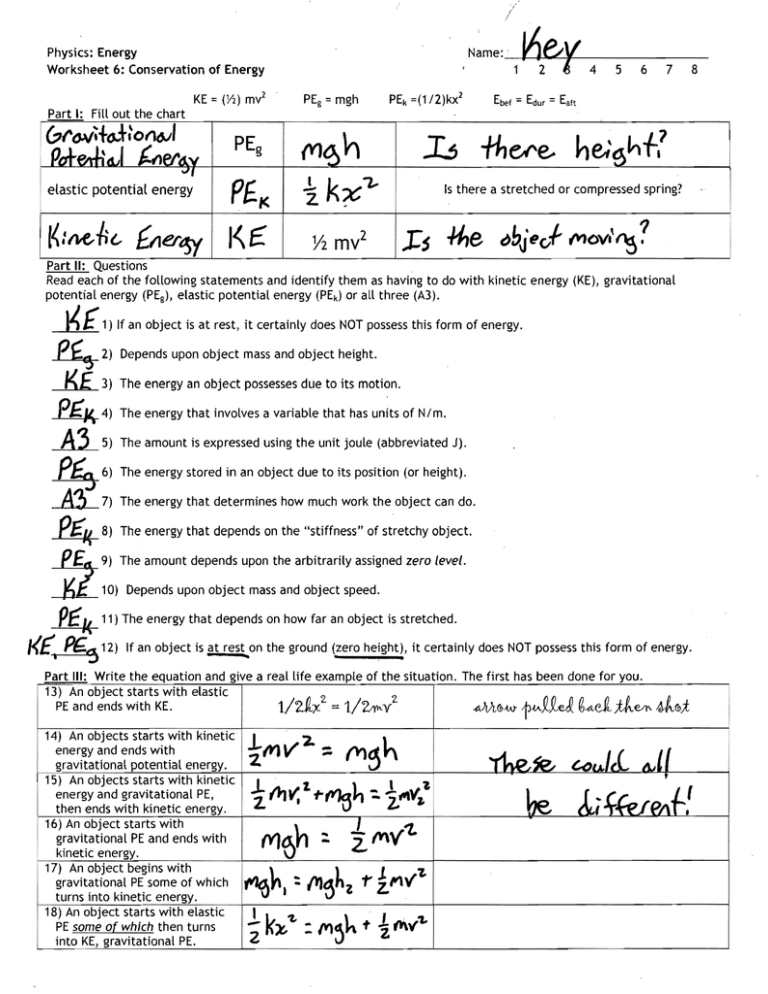 Physical Science Worksheet Conservation Of Energy #2