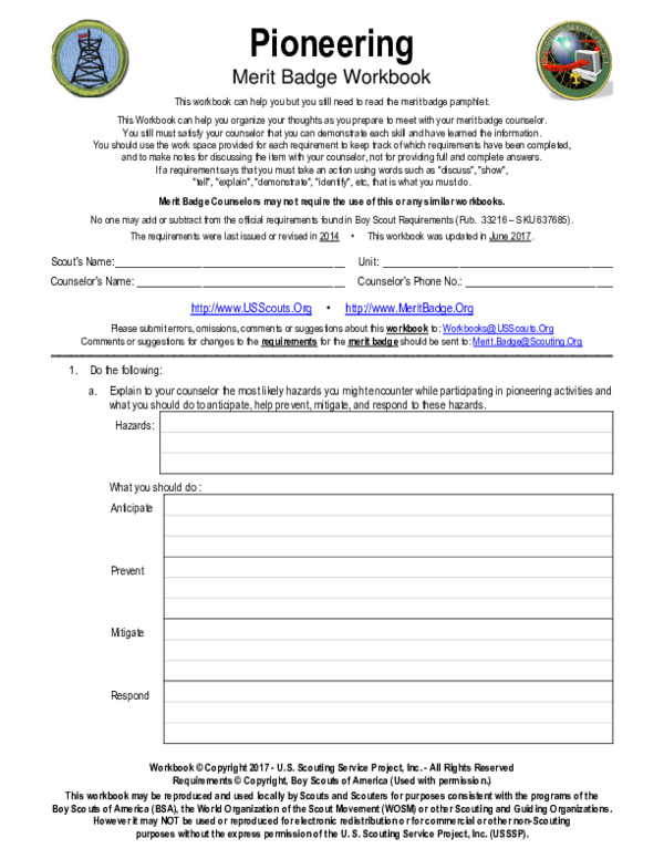 Pioneering Merit Badge Workbook