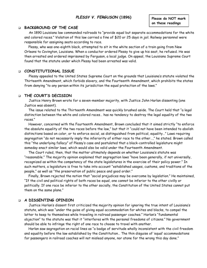 Plessy V Ferguson 1896 Worksheet Answers Explained