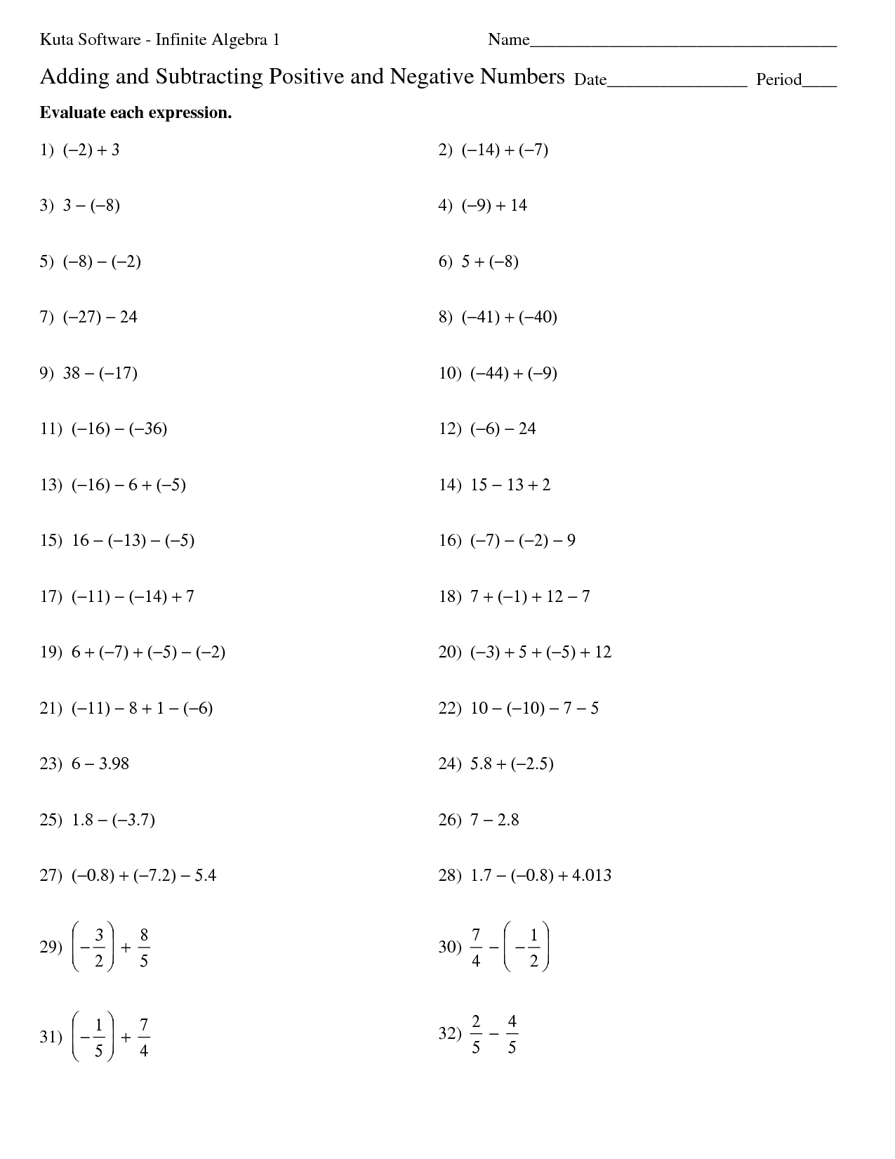 Positive and Negative Integers Worksheets for Kids