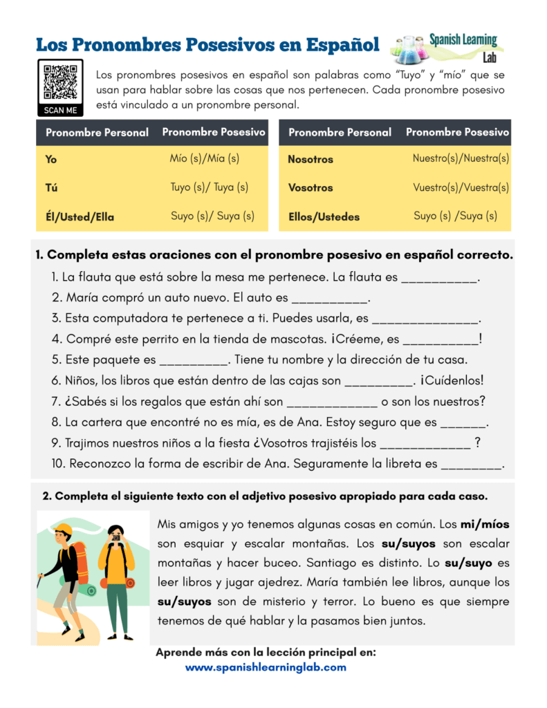 Possessive Adjectives In Spanish Worksheet