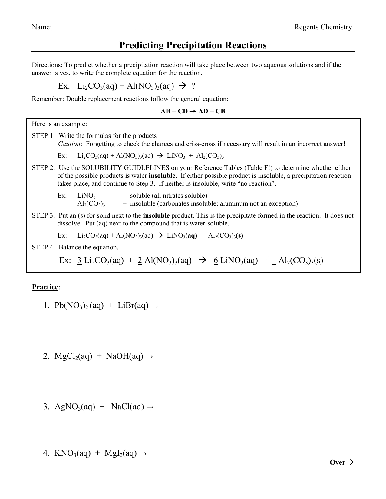 Precipitation Reaction Worksheet: Solve and Learn