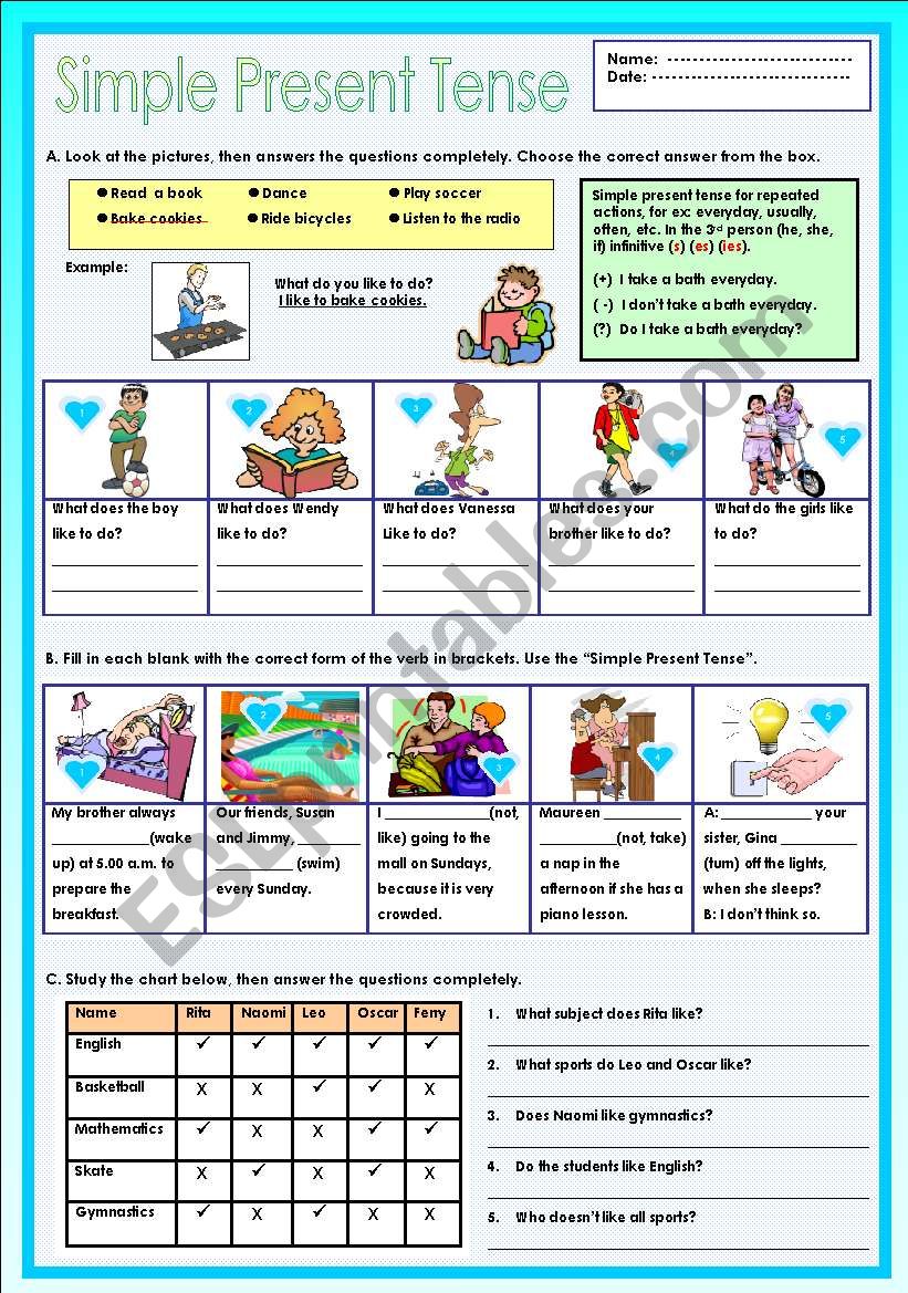 Present Simple Worksheets for ESL Students