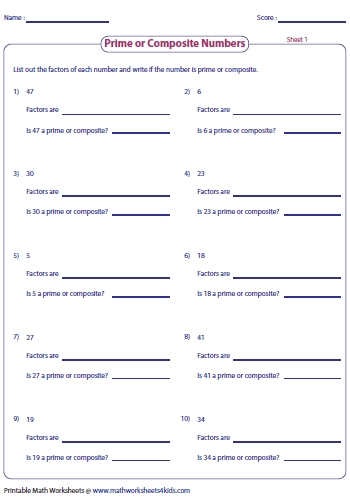 Prime and Composite Numbers Worksheet