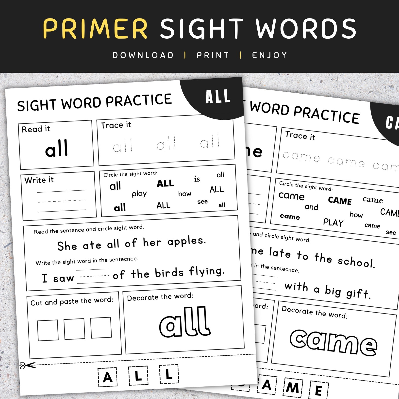 Primer Sight Words Kindergarten Sight Words Worksheets No Prep Set