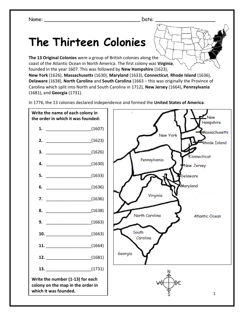 13 Colonies Worksheet Printable Activity for Kids