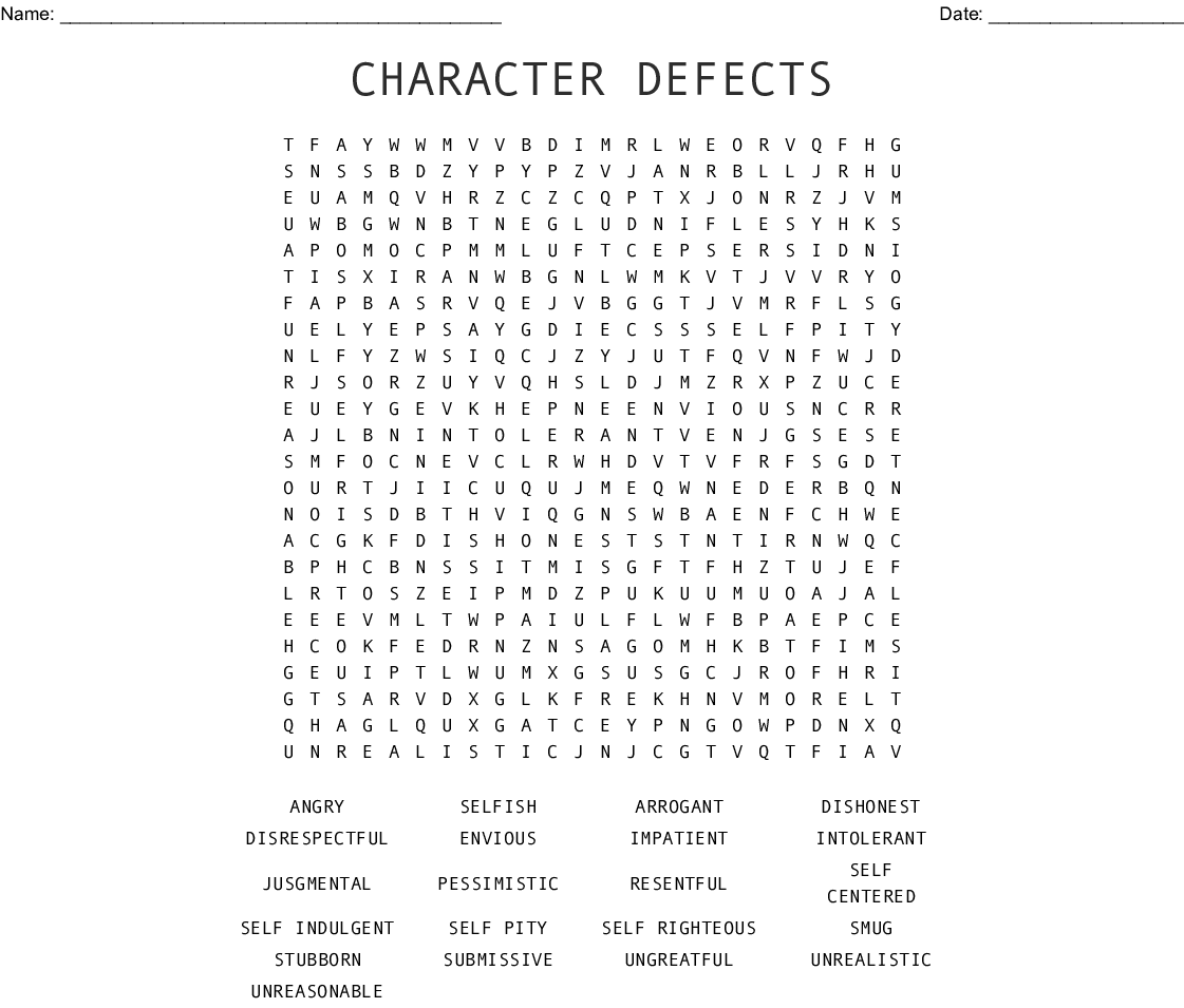 Printable Character Defects Worksheet