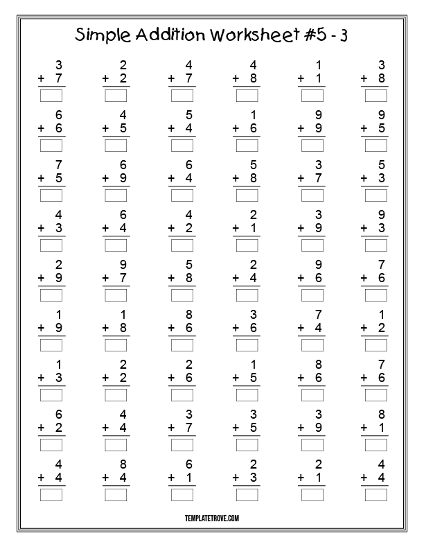 Printable Simple Addition Worksheet 5 For Kindergarten And 1St Graders