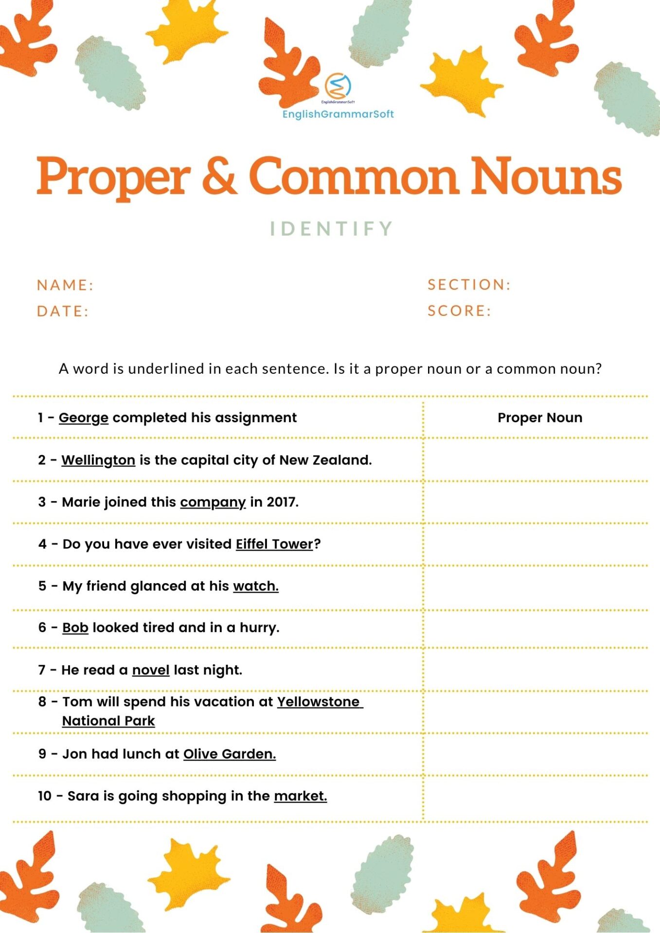 Proper and Common Noun Worksheet Practice for Kids