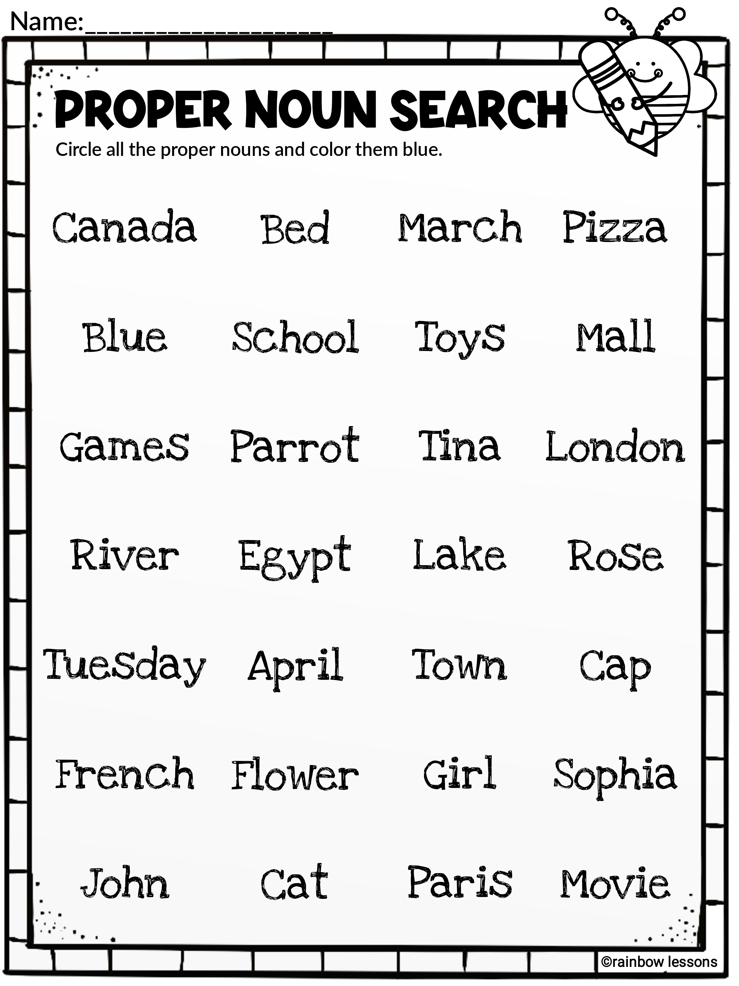 Nouns Worksheet: Proper and Common Nouns Practice