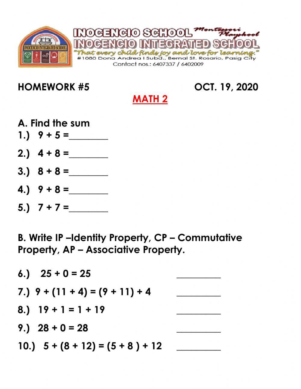 Properties Of Addition Worksheet Pdf