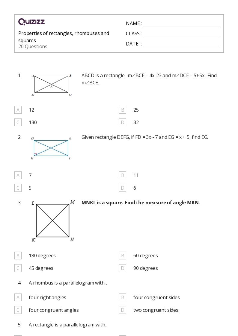 Properties Of The Rectangle Rhombus And Square Worksheet