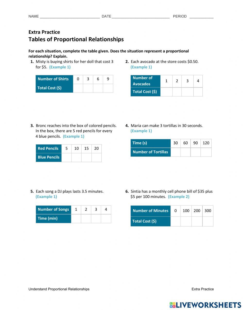 Proportional Tables Worksheet